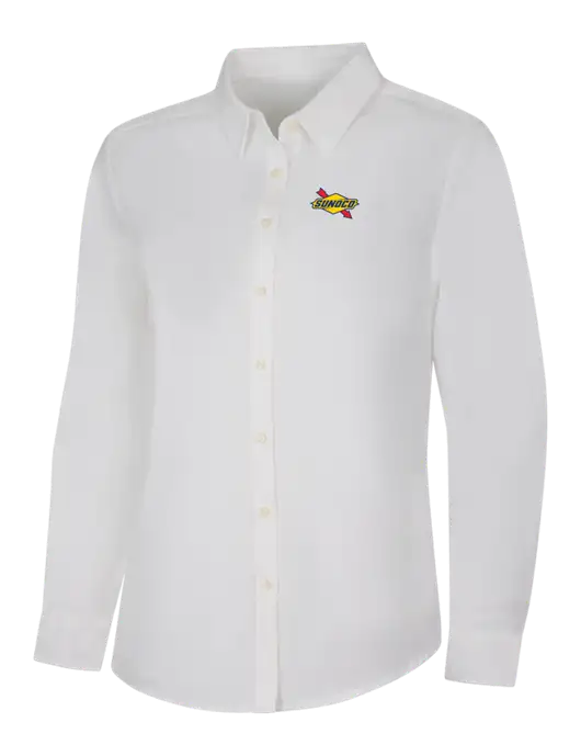 Womens White Long Sleeve Superpro React Twill Shirt w/Sunoco Logo