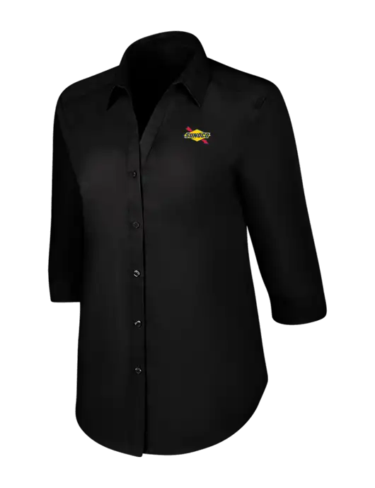 Womens Black 3/4 Sleeve Carefree Poplin Shirt w/Sunoco Logo