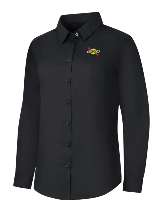 Womens Black Long Sleeve Carefree Poplin Shirt w/Sunoco Logo