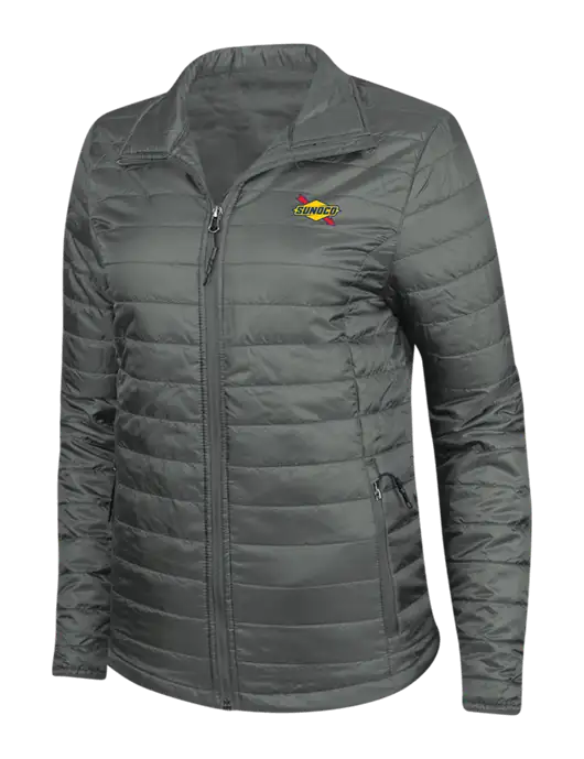 Dark Grey Womens Puffy Packable Jacket w/Sunoco Logo