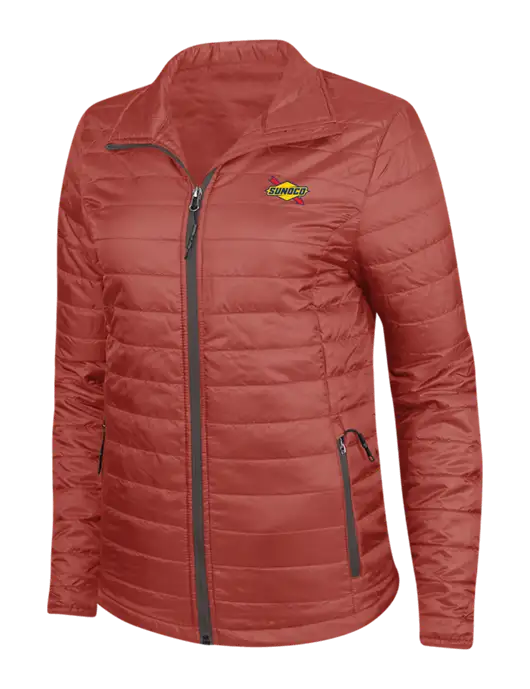 Dark Red Womens Puffy Packable Jacket w/Sunoco Logo
