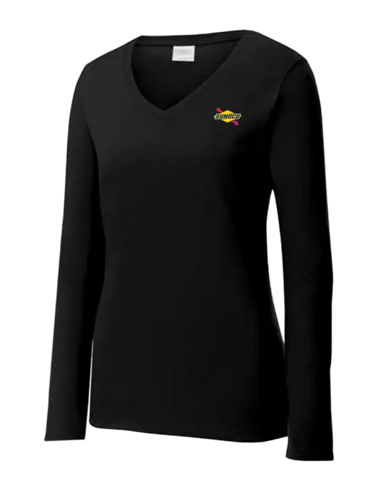 Womens V-Neck Ring Spun Jet Black 4.5 oz Long Sleeve T-Shirt w/Sunoco Logo