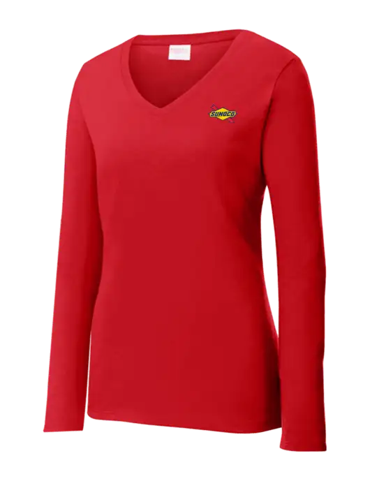 Womens  V-Neck Ring Spun Bright Red 4.5 oz Long Sleeve T-Shirt w/Sunoco Logo