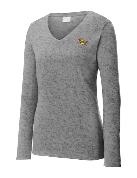 Womens  V-Neck Ring Spun Grey Heather 4.5 oz Long Sleeve T-Shirt w/Sunoco Logo