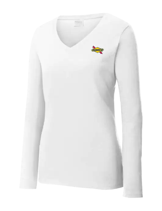 Womens  V-Neck Ring Spun White 4.5 oz Long Sleeve T-Shirt w/Sunoco Logo