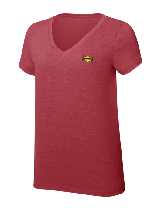 Womens Simply Soft V-Neck Red Frost 4.5oz  Poly/Combed Ring Spun Cotton T-Shirt w/Sunoco Logo