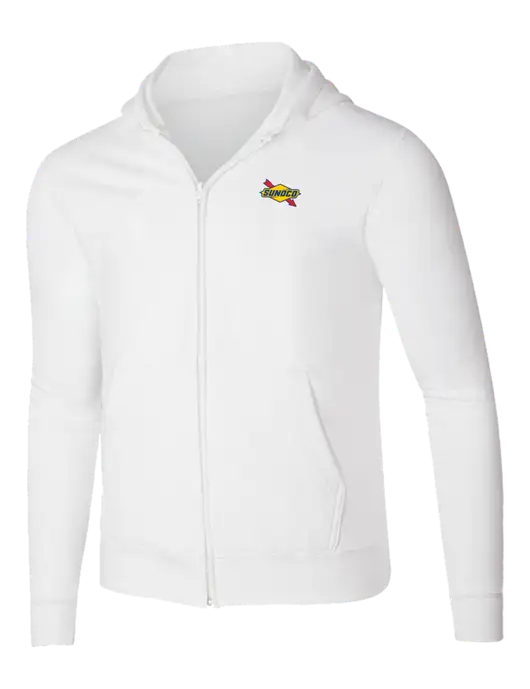 White 8.5 oz Ring Spun Zip Hooded Sweatshirt w/Sunoco Logo
