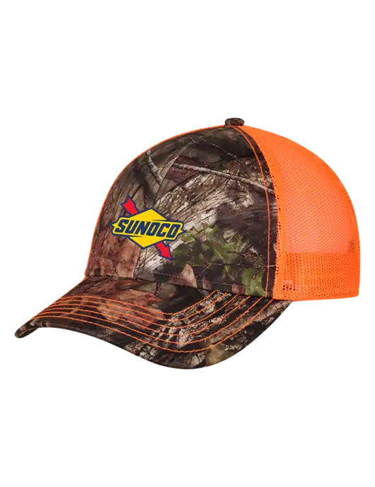 Country Orange Mossy Oak Camo Mesh Trucker Cap Snap Back w/Sunoco Logo