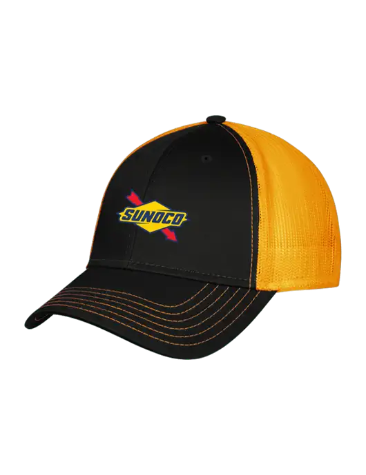 Black/Black/Gold Mesh Gold Stitching on Bill Trucker Cap Snap Back

 w/Sunoco Logo