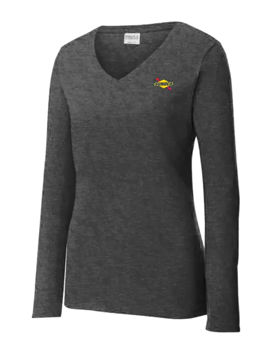 Womens  V-Neck Ring Spun Dark Heather Grey 4.5 oz Long Sleeve T-Shirt w/Sunoco Logo