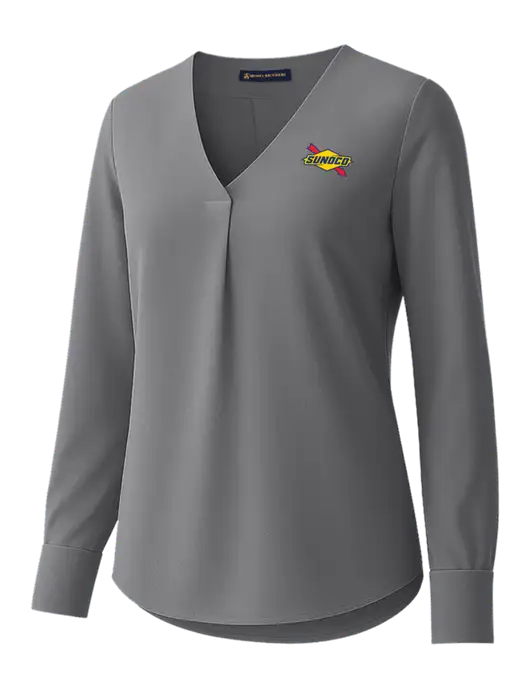 Brooks Brothers Womens Medium Grey Open-Neck Satin Blouse  w/Sunoco Logo