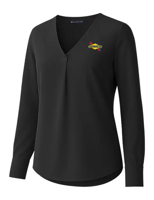Brooks Brothers Womens Black Open-Neck Satin Blouse  w/Sunoco Logo