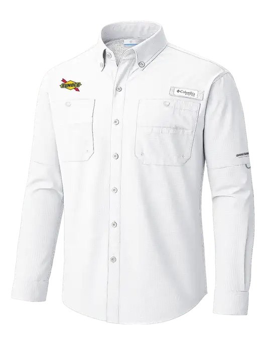 Columbia White PFG Tamiami II Long SleeveShirt w/Sunoco Logo