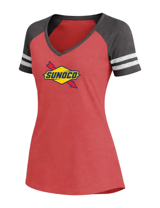 Womens Red Heather/Charcoal Heather V-Neck Game Tee w/Sunoco Logo