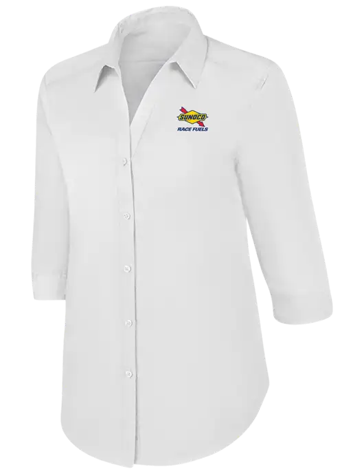 Womens White 3/4 Sleeve Carefree Poplin Shirt w/Sunoco Race Fuels Logo