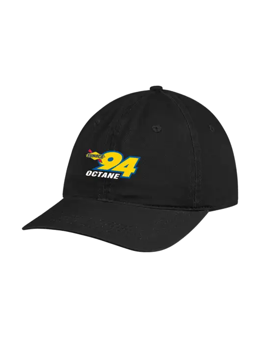 Garment Washed Unstructured Twill Black Cap w/Sunoco 94 Octane Logo