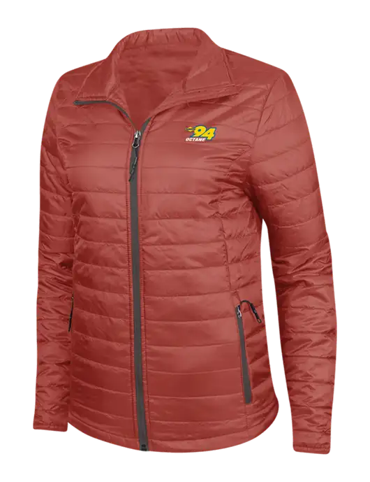 Dark Red Womens Puffy Packable Jacket w/Sunoco 94 Octane Logo