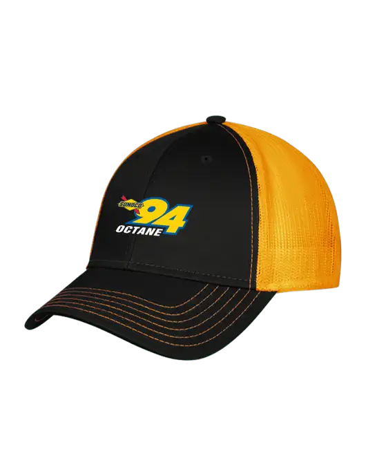 Black/Black/Gold Mesh Gold Stitching on Bill Trucker Cap Snap Back

 w/Sunoco 94 Octane Logo